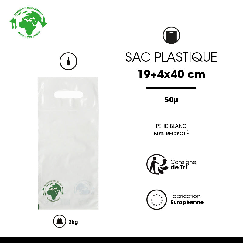Sac plastique 1 bouteille|PEBD blanc|poignées découpées|19x40+4,5cm | par 1000