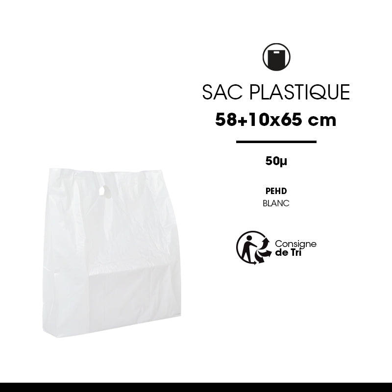 Sac plastique|PEHD blanc|poignées découpées|58+10x65cm|par 300