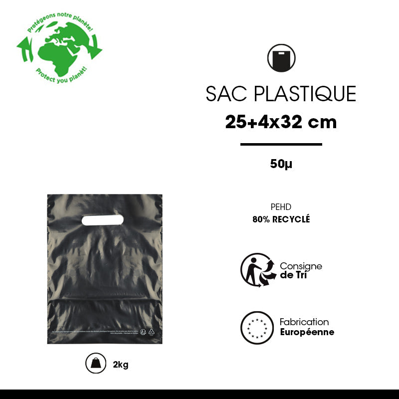 Sac plastique noir|PEBD recyclé|poignées découpées|25x32cm|par 1000