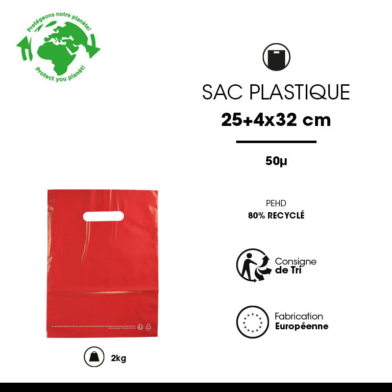 Sac plastique rouge|PEBD recyclé|poignées découpées|25x32cm|par 1000