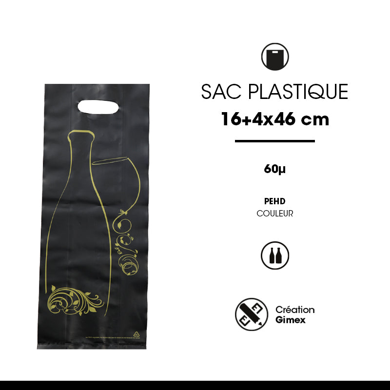 Sac 2 bouteilles|PEHD noir|poignées découpées|16+4/4x46cm|par 1000