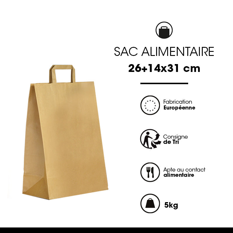 Sac kraft brun|poignées plates|26+14x31cm|par 250