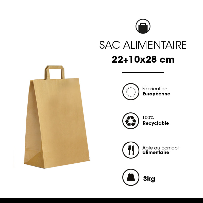 Sac kraft brun|poignées plates|22+10x28cm|par 250