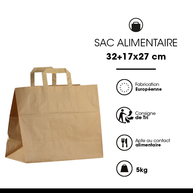 Sac kraft brun|poignées plates|32+17x27cm|par 250
