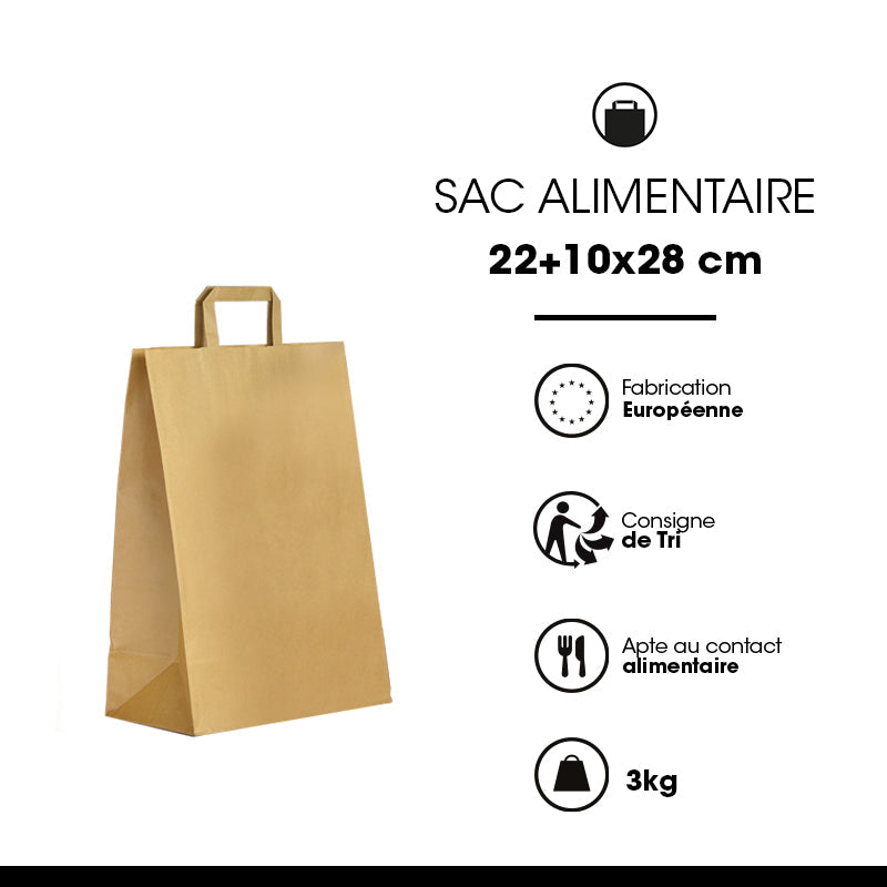 Sac kraft brun recyclé|poignées plates|22+10x28cm|vrac par 250