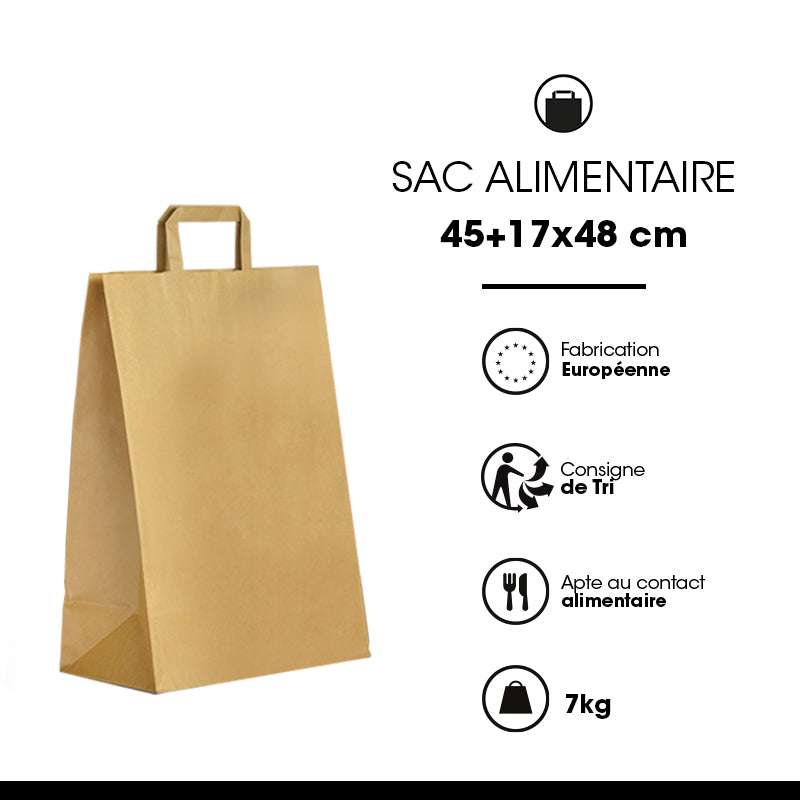 Sac kraft brun recyclé|poignées plates|45+17x48cm|par 120