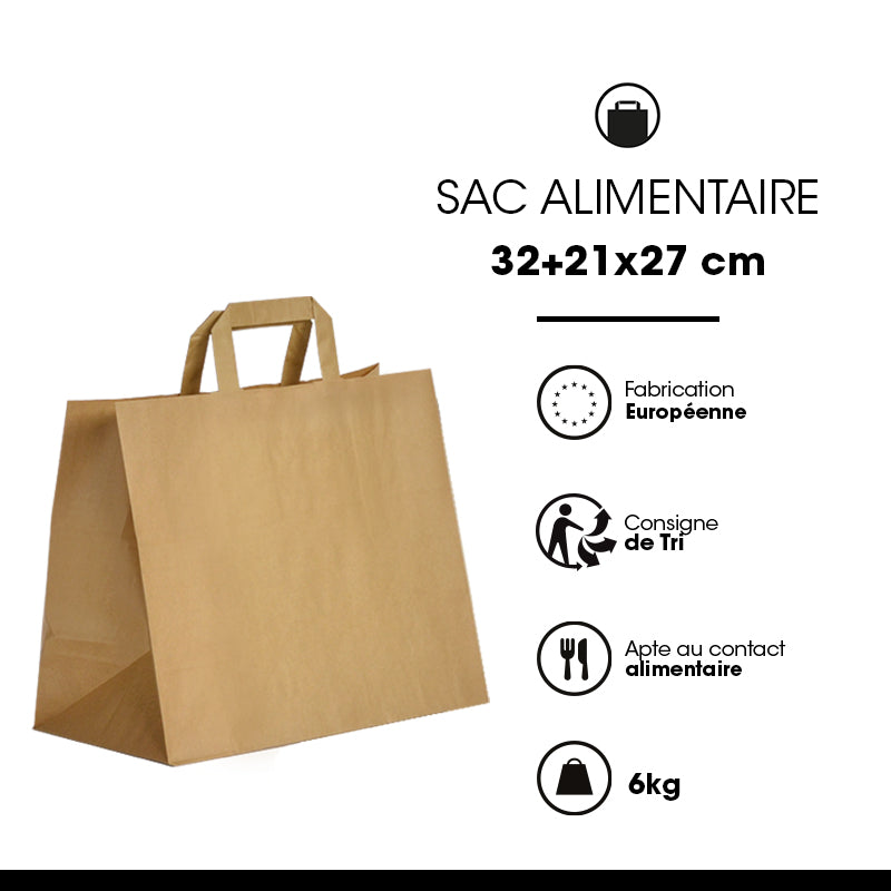 Sac kraft brun recyclé|poignées plates|32+21x27cm|par 250