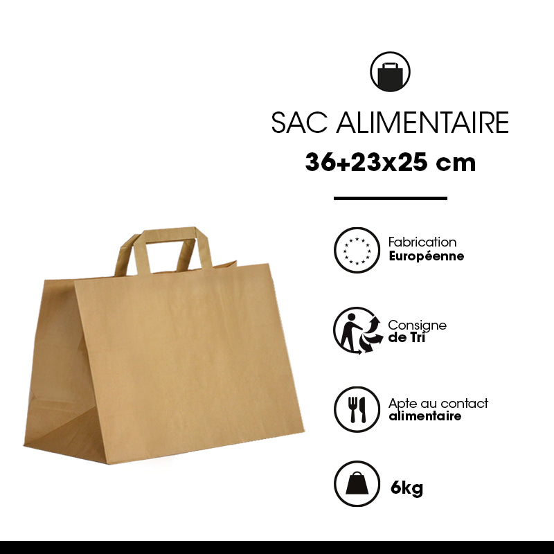 Sac kraft brun|poignées plates|36+23x25cm|par 250