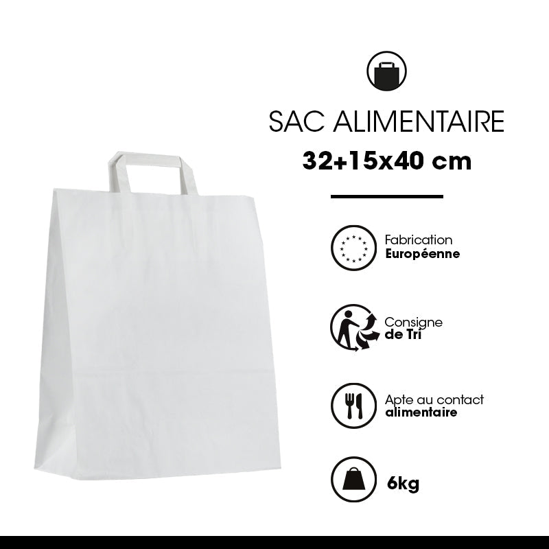 Sac kraft blanc lisse|poignées plates|32+15x40cm|par 250