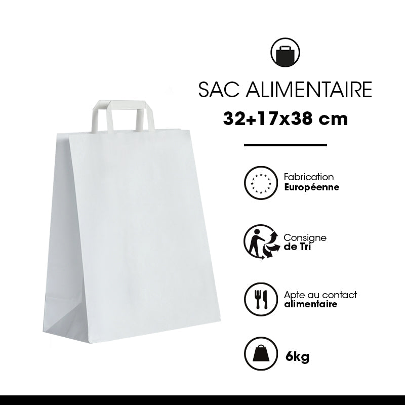 Sac kraft blanc lisse|poignées plates|32+17x38cm|par 250