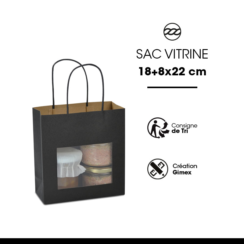 Sac vitrine|kraft noir|poignées torsadées|18+8×19cm|par 240