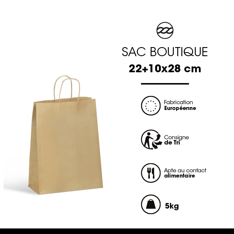 Sac boutique|kraft brun|poignées torsadées|22+10x28cm|par 250