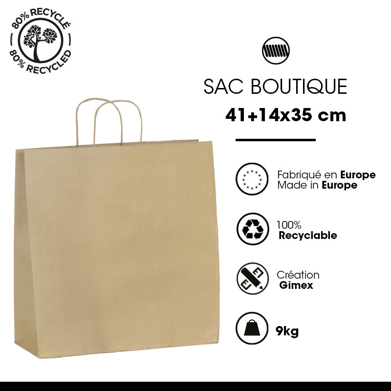 Sac boutique|kraft brun recyclé|poignées torsadées|41+14x35cm|par 250