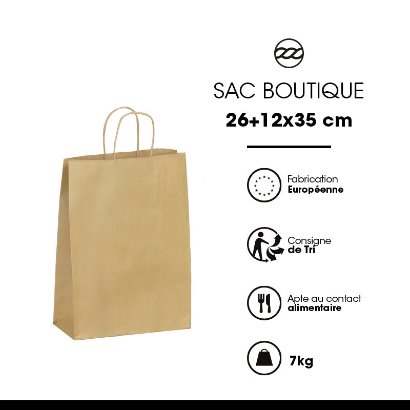 Sac boutique|kraft brun|poignées torsadées|26+12x35cm|par 250