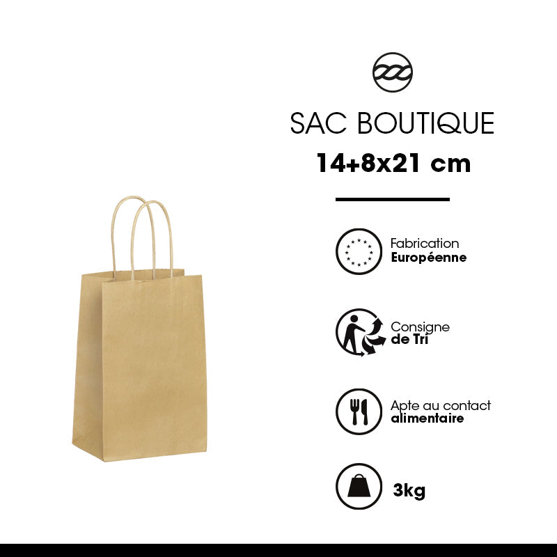 Sac boutique|kraft brun|poignées torsadées|14+8x21cm|vrac par 400