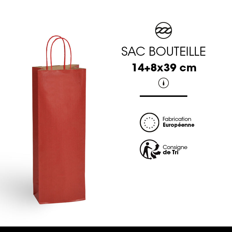 Sac 1 bouteille|kraft brun vergé|poignées torsadées|14+8x39cm|par 300