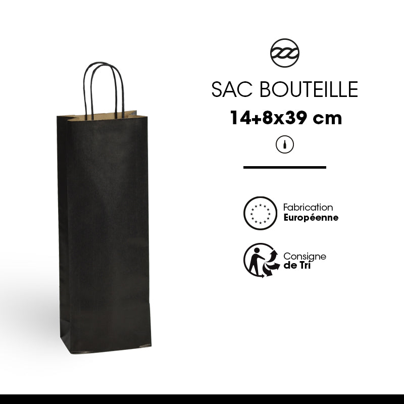 Sac 1 bouteille|kraft brun vergé|poignées torsadées|14+8x39cm|par 300