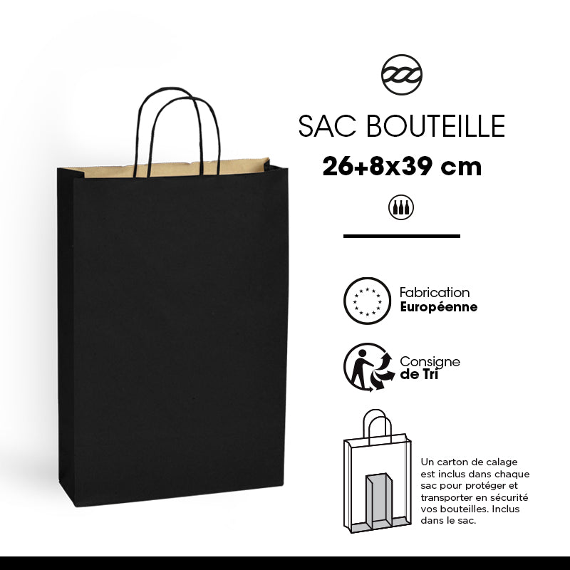 Sac 3 bouteilles|kraft brun vergé|poignées torsadées|26+8x39cm|par 100