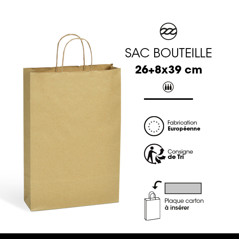 Sac 3 bouteilles|kraft brun|poignées torsadées|26+8x39cm|par 150