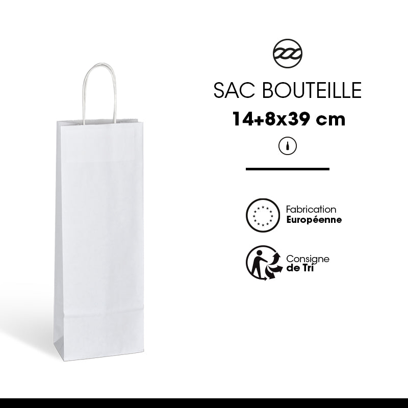Sac 1 bouteille|kraft blanc|poignées torsadées|14+8X39cm|par 200