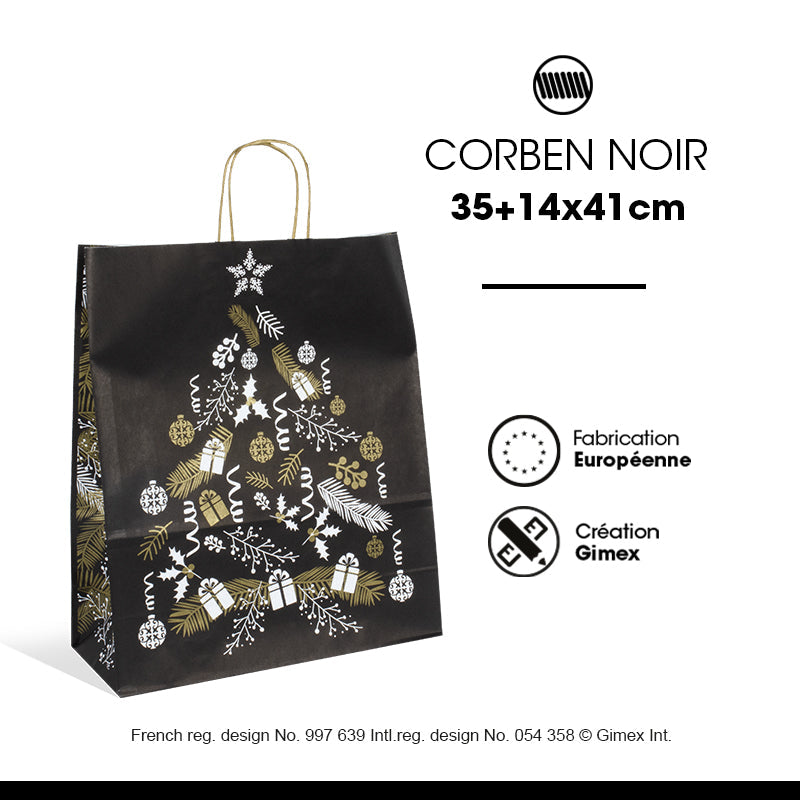 Sac Corben Noir|kraft blanc|poignées torsadées |35+14x41cm|par 250