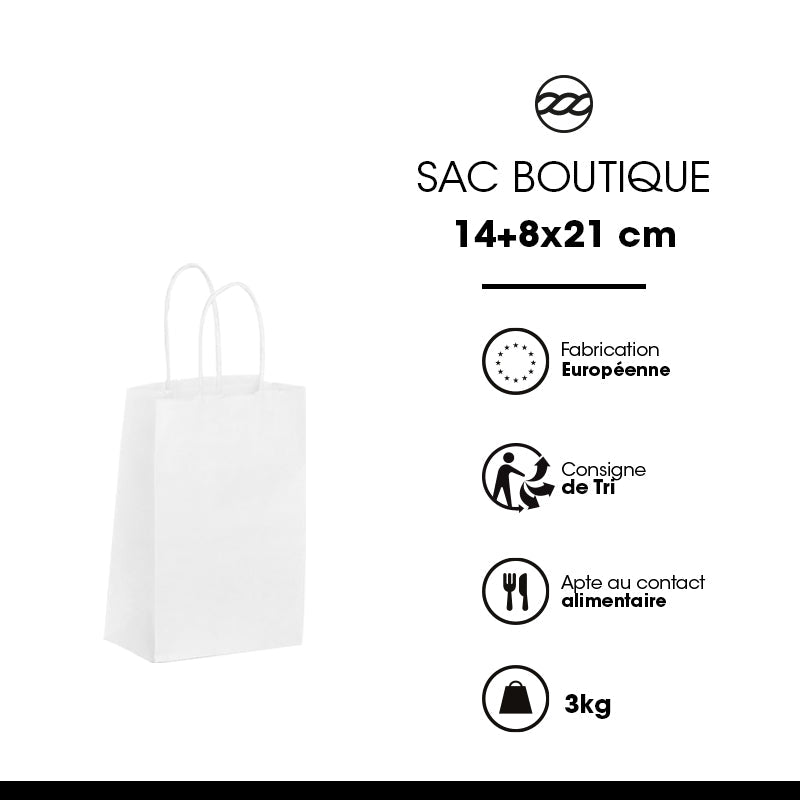 Sac boutique|kraft blanc|poignées torsadées|14+8x21cm|par 400