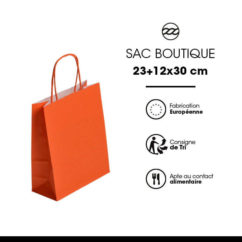 Sac Festival ORANGE|kraft blanc|poignées torsadées|23+12x30cm|par 250