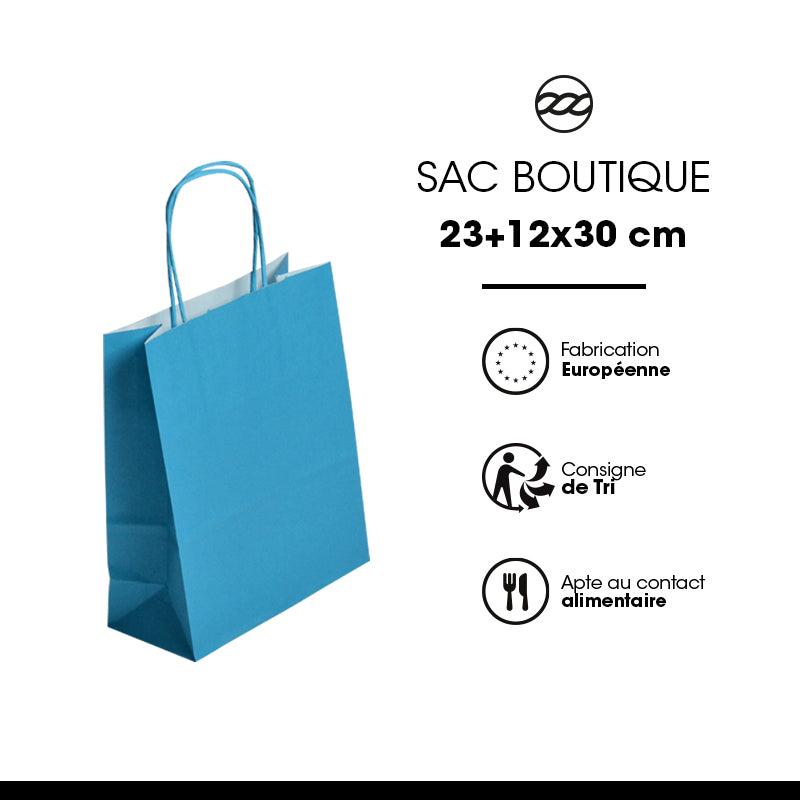 Sac Festival TURQUOISE|kraft blanc| poignées torsadées | 23+12x30cm | par 250