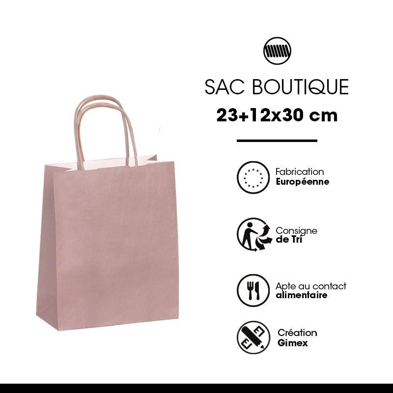 Sac Festival ROSE POUDRE|kraft blanc|poignées torsadées| 23+12x30cm | par 250