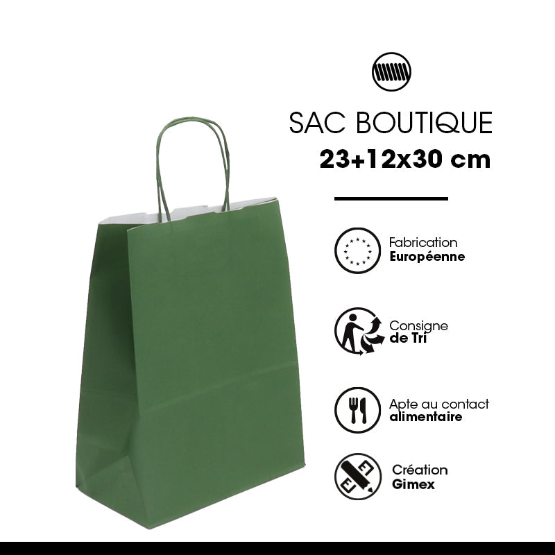 Sac Festival VERT FORÊT|kraft blanc|poignées torsadées | 23+12x30cm | par 250