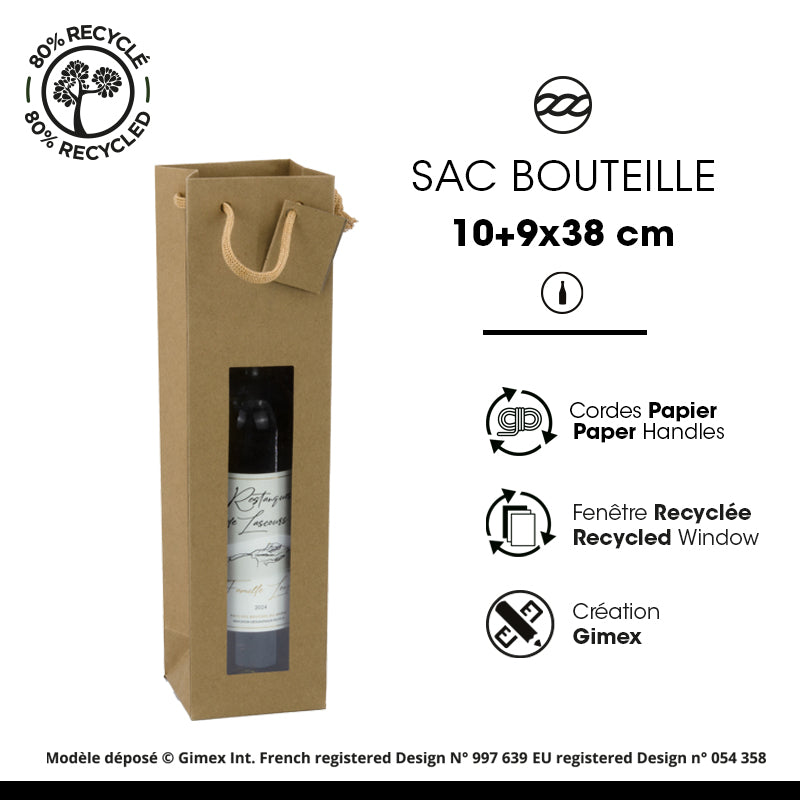Sac 1 bouteille à fenêtre|kraft brun|poignées papier|10+9x38cm|par 200