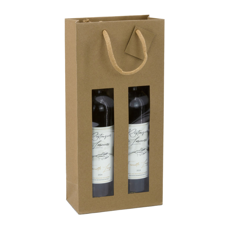 Sac 2 bouteilles à fenêtre | kraft brun| poignées papier | 18+9x38cm |par 100