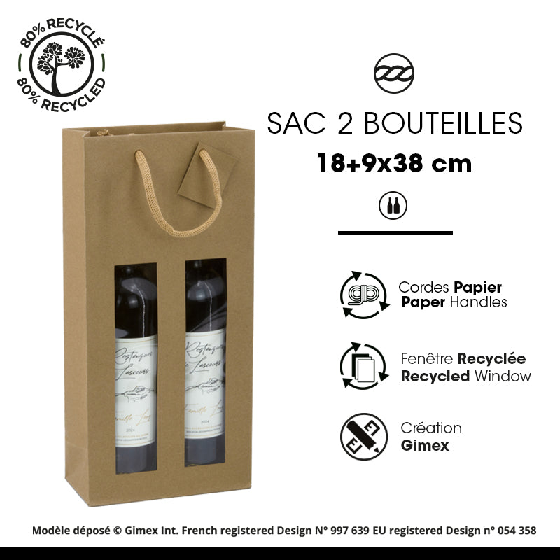 Sac 2 bouteilles à fenêtre | kraft brun| poignées papier | 18+9x38cm |par 100