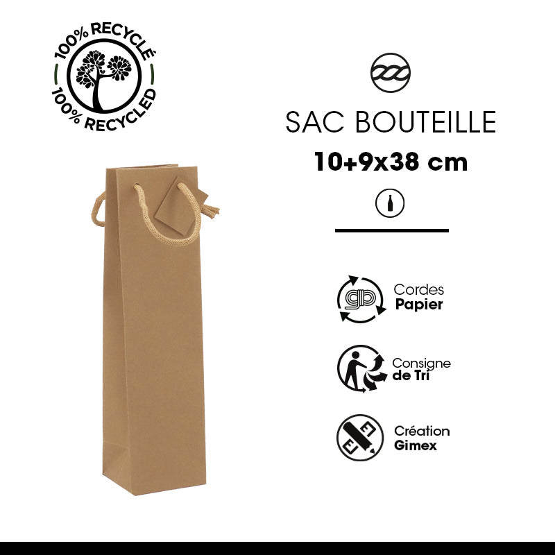 Sac 1 bouteille|kraft brun|poignées papier|10+9x38cm|par 200