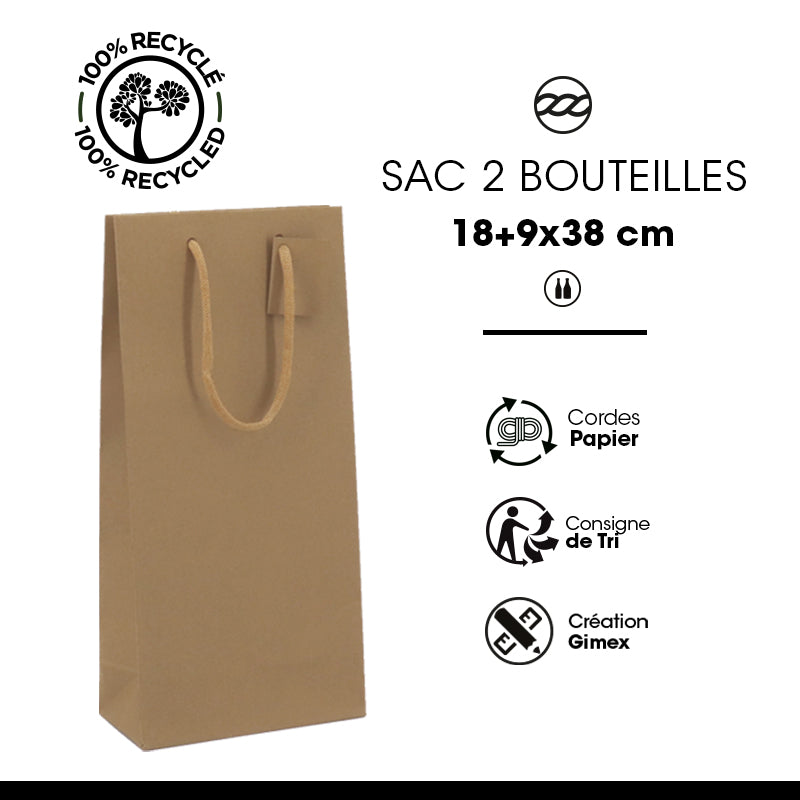 Sac 2 bouteilles|kraft brun|poignées papier|18+9x38cm|par 100
