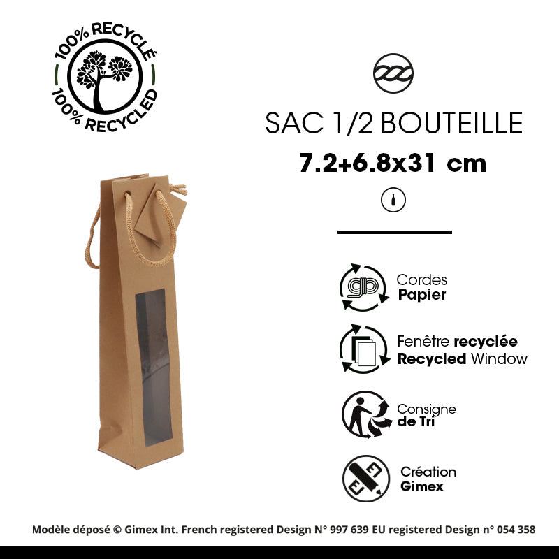 Sac demi-bouteille fenêtre|kraft brun|poignées papier | 7,2+6,8x31cm| par 400