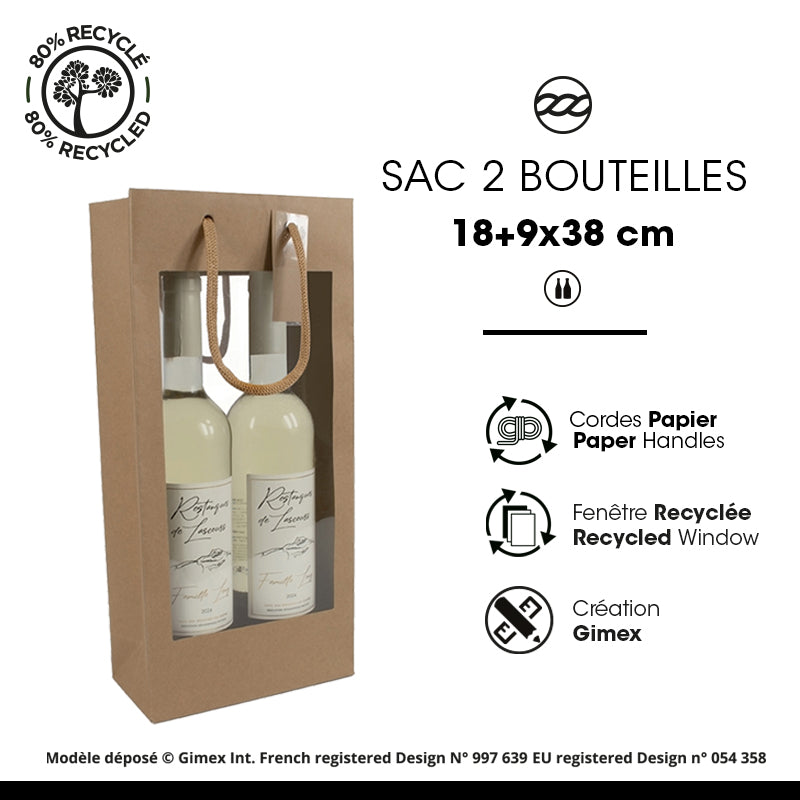 Sac 2 bouteilles double fenêtre XL|kraft brun|poignées papier|18+9x38cm|par 100