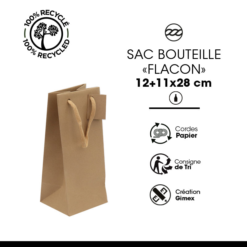 Sac 1 bouteille flacon|kraft brun|poignées papier|12x11x28cm|par 200