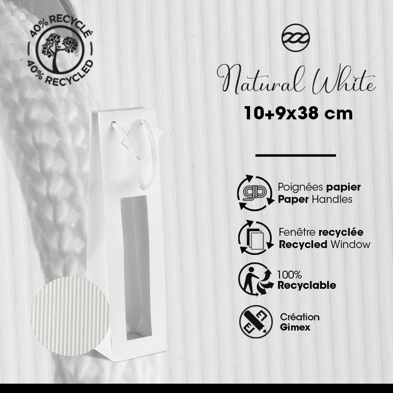 Sac 1 bouteille fenêtre Natural White | kraft blanc | poignées papier|10+9x38cm|par 200