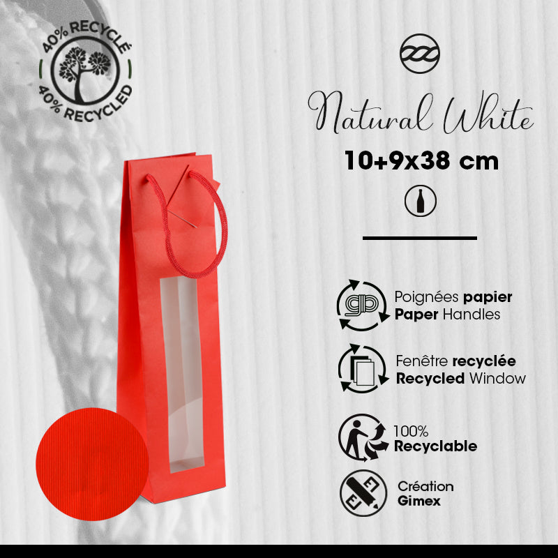 Sac 1 bouteille à fenêtre Natural Red | kraft rouge | poignées papier|10+9x38cm|par 200
