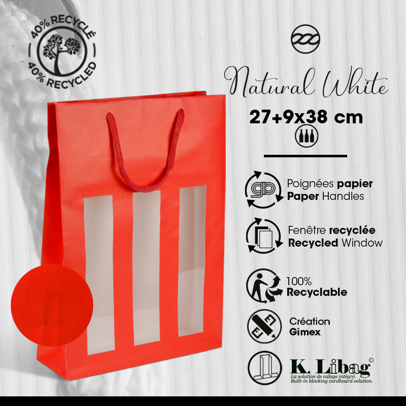Sac 3 bouteilles à fenêtre Natural Red|kraft rouge | poignées papier | 27+9x38cm | par 100