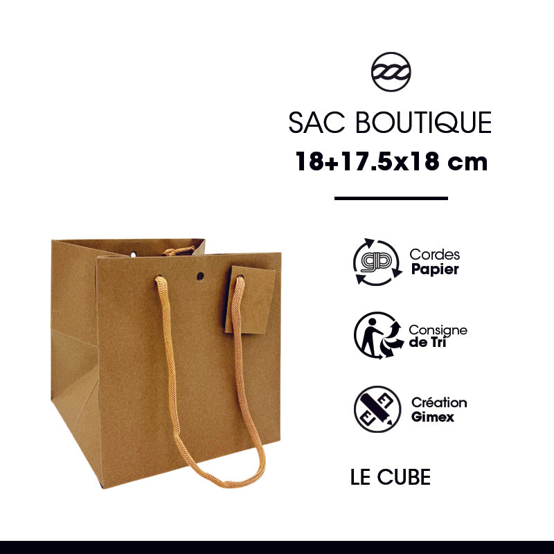Sac luxe Cube|kraft brun|poignées papier|18+17,5x18|par 100