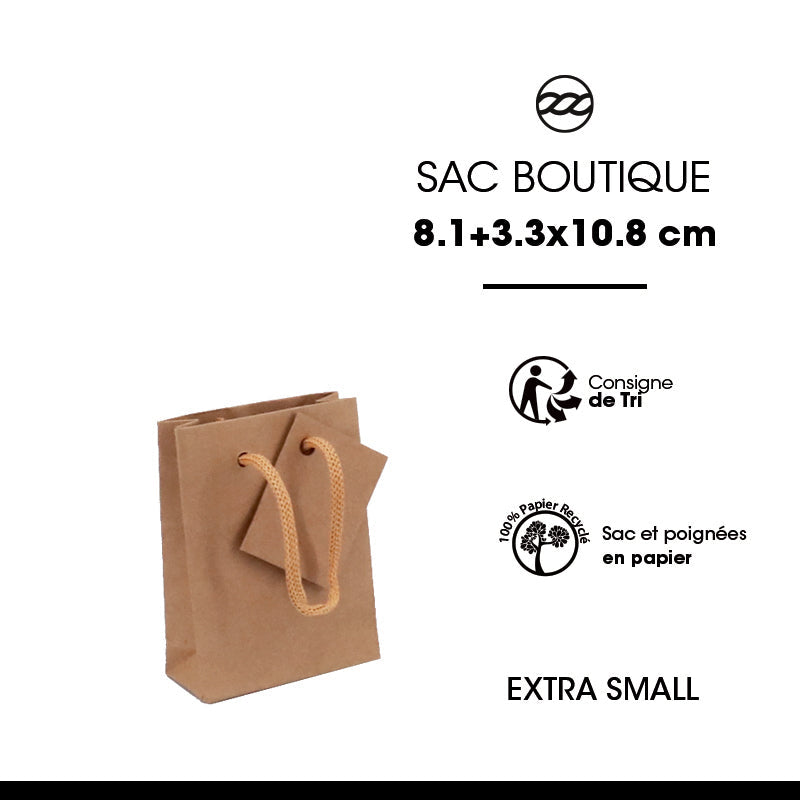 Sac luxe Extra Small|kraft brun|poignées papier|8,1+3,3x10,8cm|par 500