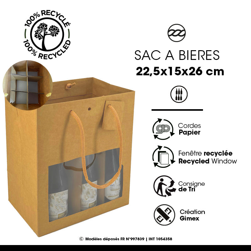 Sac 6 bouteilles à fenêtre | kraft brun|poignées papier| 22,5+15x26cm | par 72