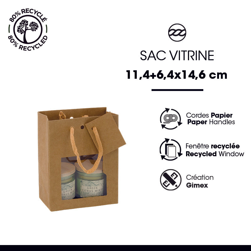 Sac luxe Small à fenêtre|kraft brun|poignées papier| 11,4+6,4x14,6cm | par 300