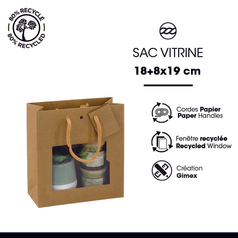 Sac luxe Middle à fenêtre|kraft brun|poignées papier|18+8x19cm|par 192