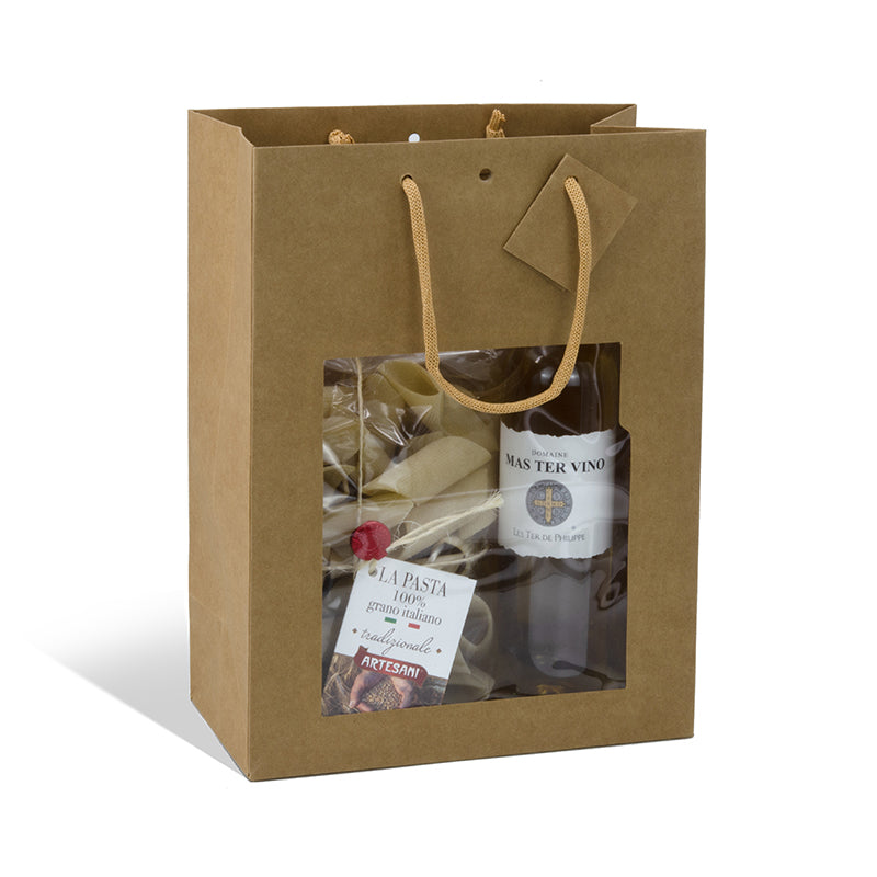 Sac luxe Classic à fenêtre|kraft brun | poignées papier | 25+13x33cm | par 100