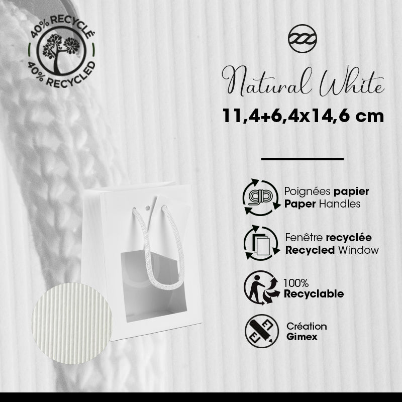 Sac luxe à fenêtre Natural White | kraft blanc | poignées papier | 11,4+6,4x14,6cm | par 200