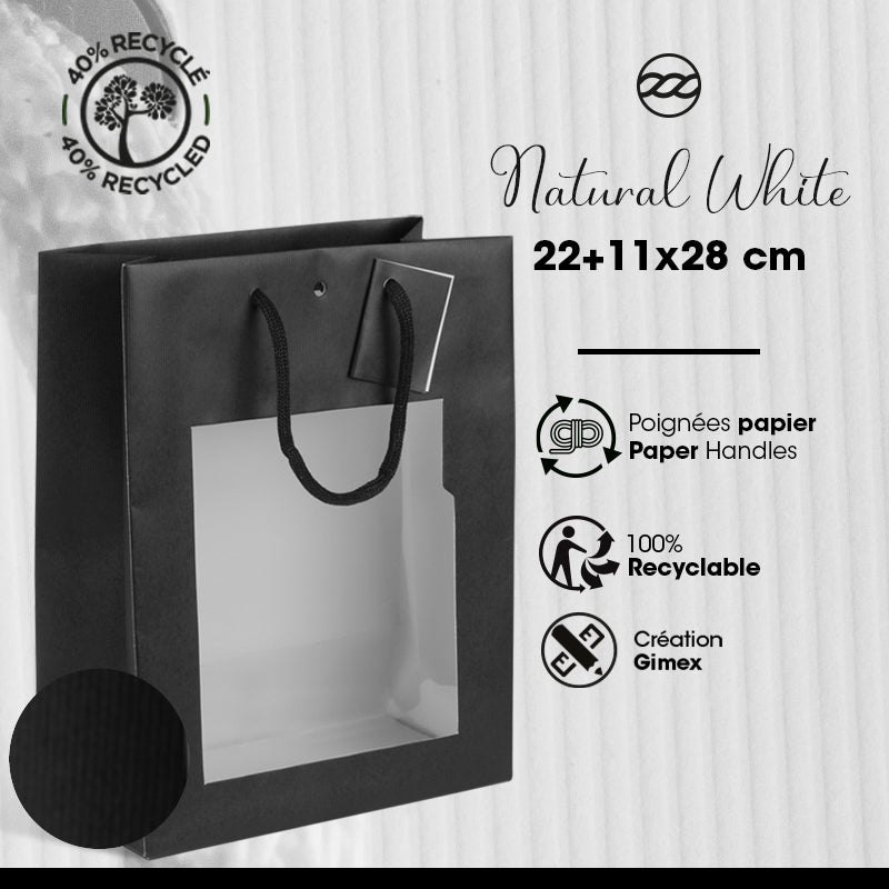 Sac luxe à fenêtre Natural Black|kraft noir|poignées papier|22+11x28cm|par 100