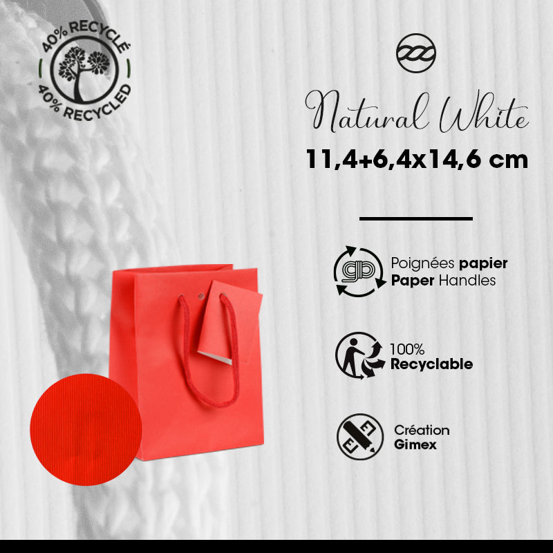 Sac luxe kraft Natural Red|kraft rouge|poignées papier|11,4+6,4x14,6cm|par 200